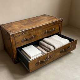Handmade Leather Campaign Trunk Coffee Table With Drawers - English Oak Hardwood Furniture - thumbnail 4