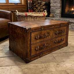 Handmade Leather Campaign Trunk Coffee Table With Drawers - English Oak Hardwood Furniture - thumbnail 2
