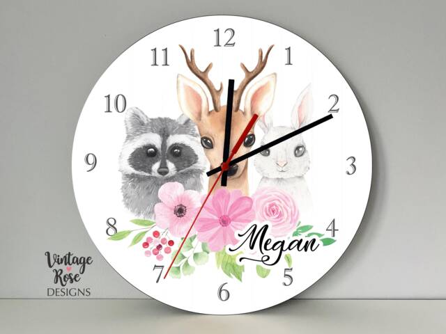 Woodland Animals Girls Wall Clock, Personalised Kids Nursery Decor, Gift For Girls, Pink Bedroom Accessories - image 1