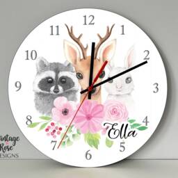 Woodland Animals Girls Wall Clock, Personalised Kids Nursery Decor, Gift For Girls, Pink Bedroom Accessories - thumbnail 3