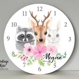Woodland Animals Girls Wall Clock, Personalised Kids Nursery Decor, Gift For Girls, Pink Bedroom Accessories - thumbnail 2