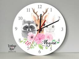 Woodland Animals Girls Wall Clock, Personalised Kids Nursery Decor, Gift For Girls, Pink Bedroom Accessories - thumbnail 1