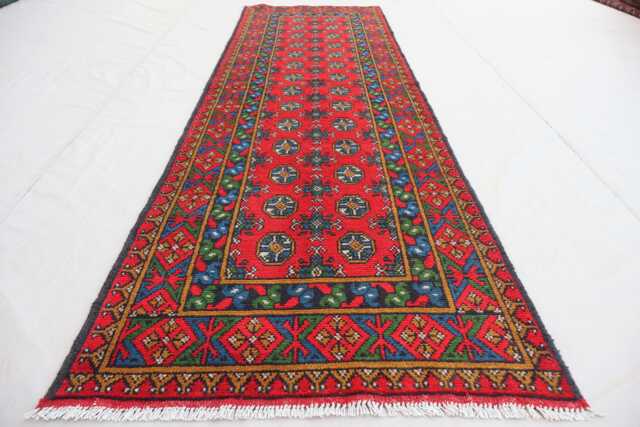 9 Ft Red Afghan Runner Rug, Turkmen Hand Knotted Veg Dyes Plush Wool Oriental Traditional Kitchen Runner, Hallway - image 1