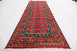 9 Ft Red Afghan Runner Rug, Turkmen Hand Knotted Veg Dyes Plush Wool Oriental Traditional Kitchen Runner, Hallway - thumbnail 1