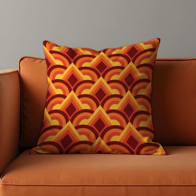 Retro Sunset Geometric Cushion Cover, Orange & Maroon Art Deco Throw Pillow 70S Mid Century Modern Sofa Decor - image 1