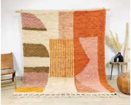 White Orange Pink Geometric Moroccan Rug, Hand Tufted Wool Carpet, Shag Berber Area Modern Boho Living Room Decor