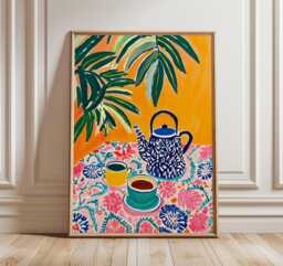 Tropical Tea Poster, Matisse Style Wall Art Print, Colorful Kitchen Decor, Bold Modern Still Life, Vibrant Teapot & Coffee Cups Artwork - thumbnail 1