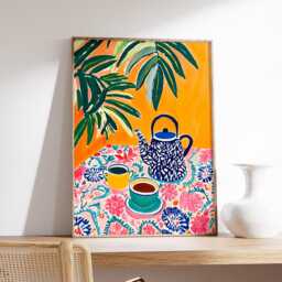 Tropical Tea Poster, Matisse Style Wall Art Print, Colorful Kitchen Decor, Bold Modern Still Life, Vibrant Teapot & Coffee Cups Artwork - thumbnail 2