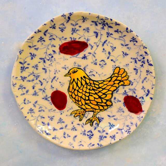 Chicken Painting Platter, Handcrafted Ceramic Wall Hanging Art Plate, Whimsical Nature Art, Folk Style, Chicken Artby Cathy Kiffney - image 1