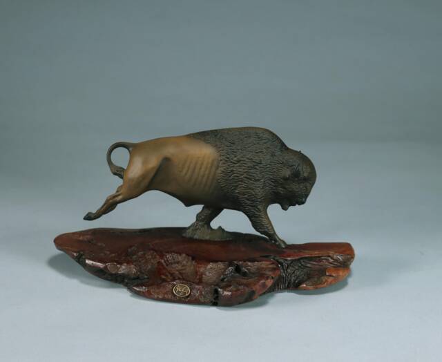 Buffalo Sculpture By John Perry 9In Long Airbrushed On Burlwood Base - image 1