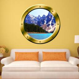 Lake Side 3D Porthole Snowy Mountain Green Trees Wall Art Vinyl Decal Peel & Stick Easy To Apply Home D??cor - Vwaq Gp21 - thumbnail 1