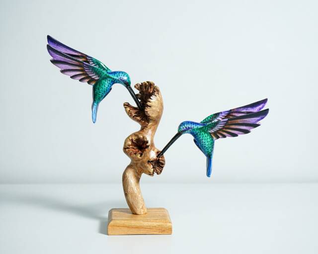 Couple Green Hummingbird Statue, Blue, Painted Sculpture, Wood Carving Figure, Bird Colibri, Decor, Home Wedding Gift - image 1