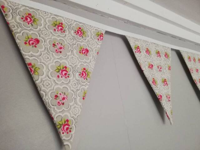 Floral Tile Effect Fabric Bunting. Grey & Pink. Approx 2.5 Metre Length - image 1
