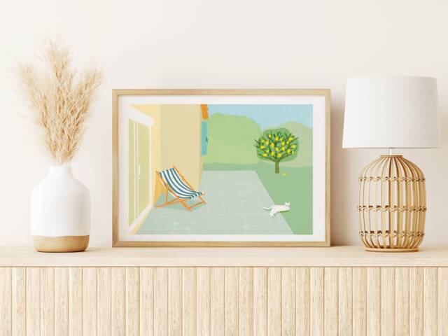 South Of France Poster - Pastel Illustration White Cat Print Wall Art Nursery Wall Decor Room - image 1