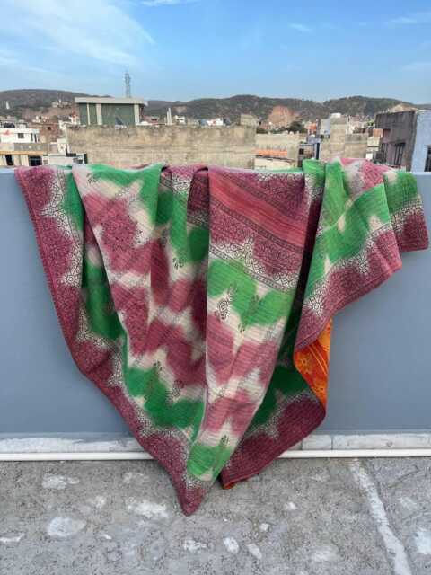 Indian Block Print Patchwork Reversible Cotton Kantha Quilt Handmade Bedding - image 1