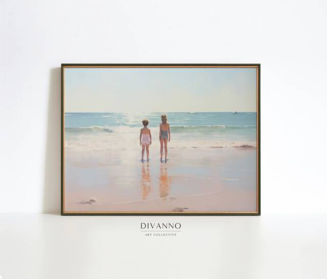 Kids Of The Sea Art Print, Summer Pink Wall Art, Beach Home Decor, Pastel Seascape Canvas, Printable Gift, Digital Modern Decor - image 1