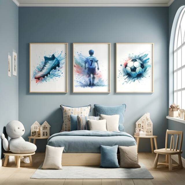 Personalised Football Poster Set - 3 Prints - Boys Bedroom Decor Kids Room Wall Art Soccer Artwork Custom Teen Footballer Gifts Blue - image 1