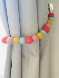 Felt Ball Pom Curtain Tie Backs Mustard, Coral, Peach & Mint - thumbnail 1