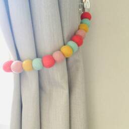 Felt Ball Pom Curtain Tie Backs Mustard, Coral, Peach & Mint - thumbnail 2