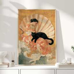 Venus & The Black Cat Print - Classical Art Reimagined Vintage Mythology Wall Renaissance Style Lover Gift - thumbnail 1