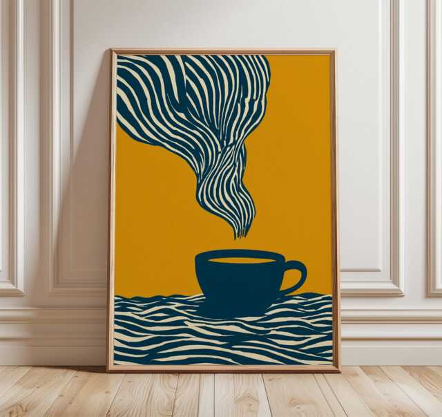 Modern Coffee Cup Poster, Abstract Minimalist Wall Art, Bold Mustard & Navy Kitchen Decor, Contemporary Print - image 1