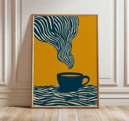 Modern Coffee Cup Poster, Abstract Minimalist Wall Art, Bold Mustard & Navy Kitchen Decor, Contemporary Print - thumbnail 1