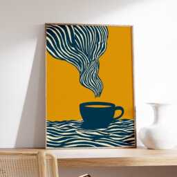 Modern Coffee Cup Poster, Abstract Minimalist Wall Art, Bold Mustard & Navy Kitchen Decor, Contemporary Print - thumbnail 2