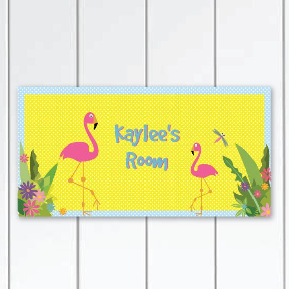 Pink Flamingo Girls Door Sign With Yellow Back, Personalized Wall Art For - image 1