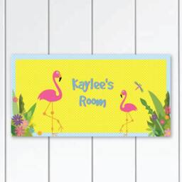 Pink Flamingo Girls Door Sign With Yellow Back, Personalized Wall Art For - thumbnail 1