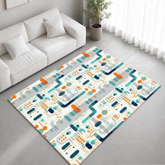 Teal Orange Retro Circuit Geometric Pattern Rug Non-Slip Soft Area Carpet Bedroom Living Room Hallway Mat Decor - Made in UK - image 1