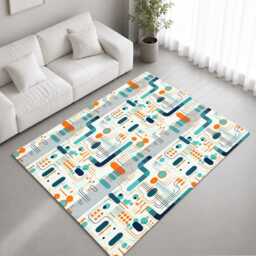 Teal Orange Retro Circuit Geometric Pattern Rug Non-Slip Soft Area Carpet Bedroom Living Room Hallway Mat Decor - Made in UK