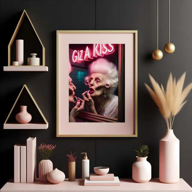 Gis A Kiss Print - Dressing Table Art Print, Neon Sign, Unusual Wall Art, Makeup Poster, Old Lady Vintage Photograph, Gallery Ideas - image 1