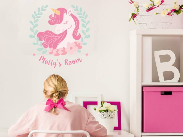 Personalised Unicorn Wreath Wall Sticker, Stickers, Themed Bedroom, Stickers For Walls, Decor - image 1