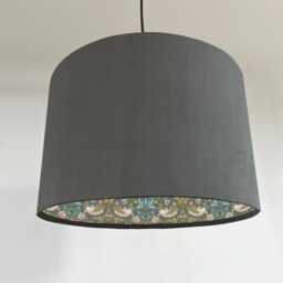 Grey Velvet Drum Lampshade/ Ceiling Shade William Morris Strawberry Thief Teal Interior - thumbnail 1