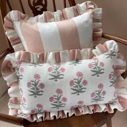 Set Of Two Floral Striped Lumbar & Square Cushion Covers, Ruffled Linen Throw Pillows - thumbnail 1