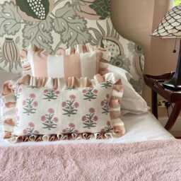 Set Of Two Floral Striped Lumbar & Square Cushion Covers, Ruffled Linen Throw Pillows - thumbnail 2