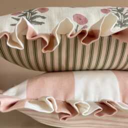 Set Of Two Floral Striped Lumbar & Square Cushion Covers, Ruffled Linen Throw Pillows - thumbnail 3