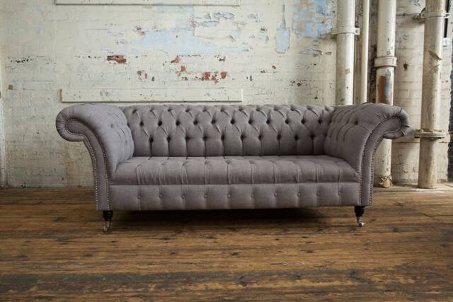 Handmade Warm Grey Linen 3 Seater Chesterfield Sofa - image 1