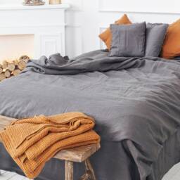 Linen Bedding Set Duvet Cover & 2 Pillow Cases Softened Linen in Dark Grey With Zipper Closure Valentines Day Gift - thumbnail 2