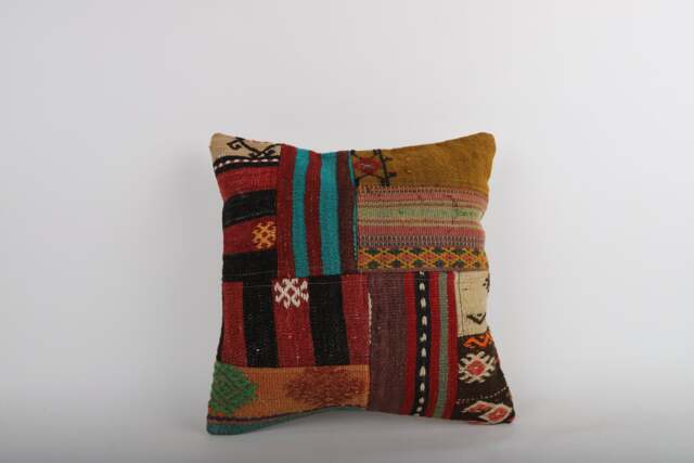 Vintage Turkish Kilim Pillow Cover Handwoven Wool Cushion - 16x16 - image 1