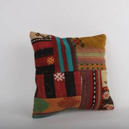 Vintage Turkish Kilim Pillow Cover Handwoven Wool Cushion - 16x16 - thumbnail 2