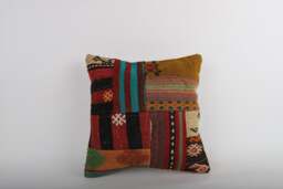 Vintage Turkish Kilim Pillow Cover Handwoven Wool Cushion - 16x16 - thumbnail 1
