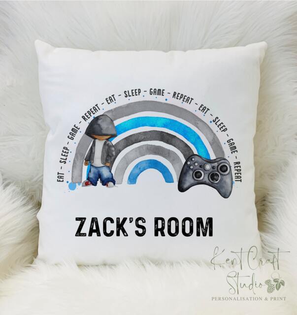 Personalised Rainbow Gamer Cushion - Gaming Controller Green Blue Bedroom Decor - image 1