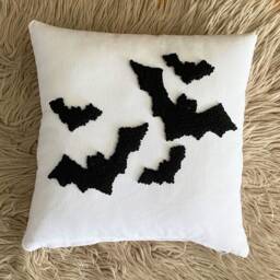 Bat Embroidered Linen Pillow, Handmade Halloween Decor - thumbnail 3
