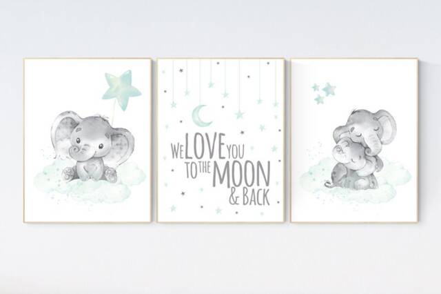 Elephant Nursery Art Print Moon & Stars, Gender Neutral Decor - image 1