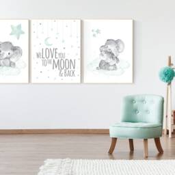 Elephant Nursery Art Print Moon & Stars, Gender Neutral Decor - thumbnail 2
