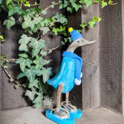 Wooden Running Duck With Flip Flops & Hat in Antique Turquoise 28 cm - thumbnail 2