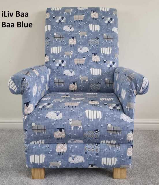 Sheep Fabric Adult Armchair Handmade Accent Chair Nursery Patchwork Grey Blue Duck Egg Baa Lambs Small Statement Sheepy - image 1