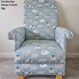Sheep Fabric Adult Armchair Handmade Accent Chair Nursery Patchwork Grey Blue Duck Egg Baa Lambs Small Statement Sheepy - thumbnail 3