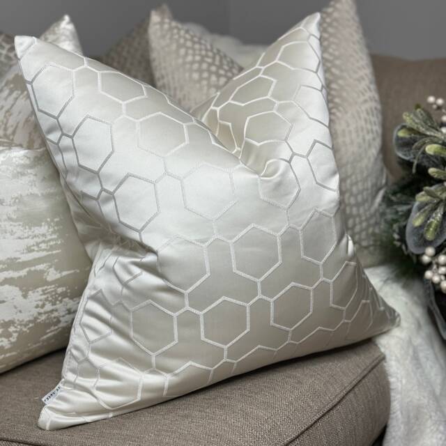 Hepburn - Ivory Cushion Pillow Cover Geometric Pattern Double Sided, Luxury Fabric Textured -Sofa, Bed - image 1